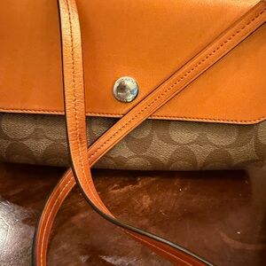 Coach Orange Leather Flap Crossbody with Brown Signature Canvas